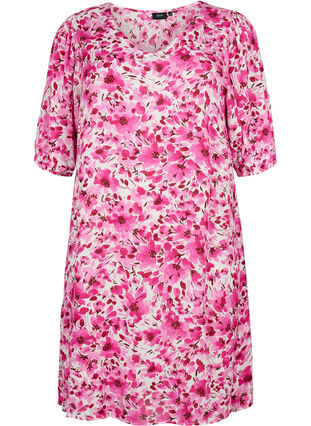 Floral viscose dress with a-shape, Pink Flower Rain, Packshot image number 0