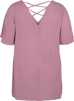 Short-sleeved viscose tunic with lace details, Grape Shake, Packshot image number 1