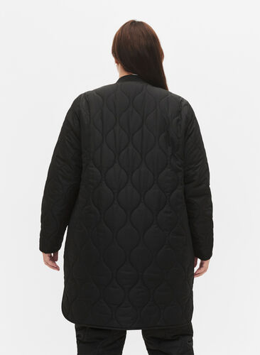 Long quilted jacket with pockets and zipper, Black, Model image number 1