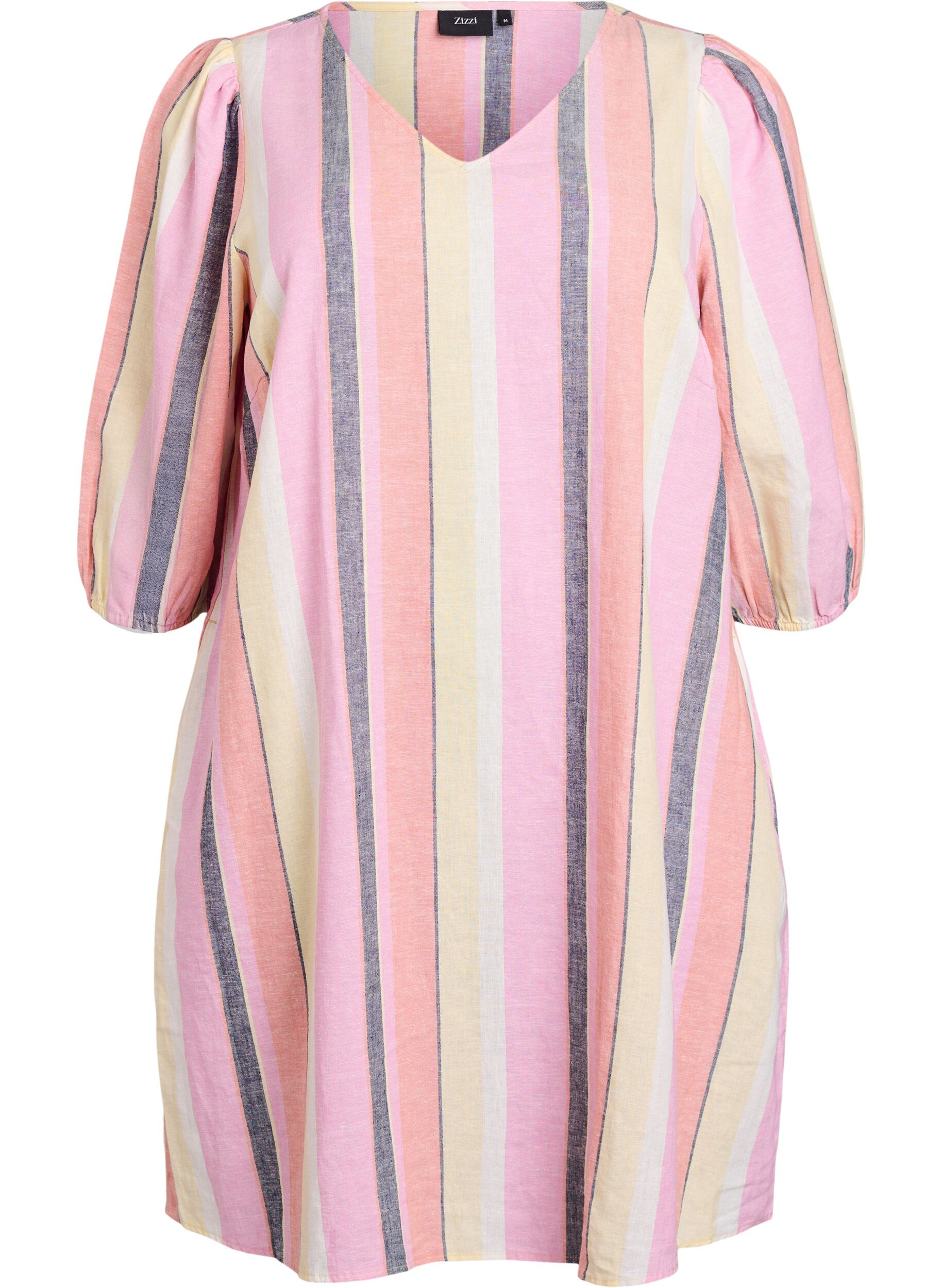 ZizzifashionShort dress in linen and viscose with 3/4 sleeves, Yellow, Packshot image number 0