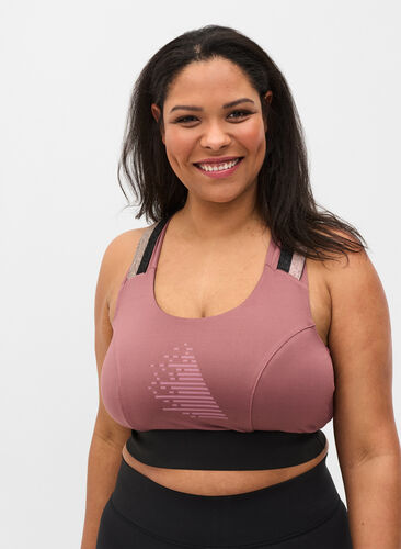 Sports bra with glitter and cross back, Rose Taupe, Model image number 0