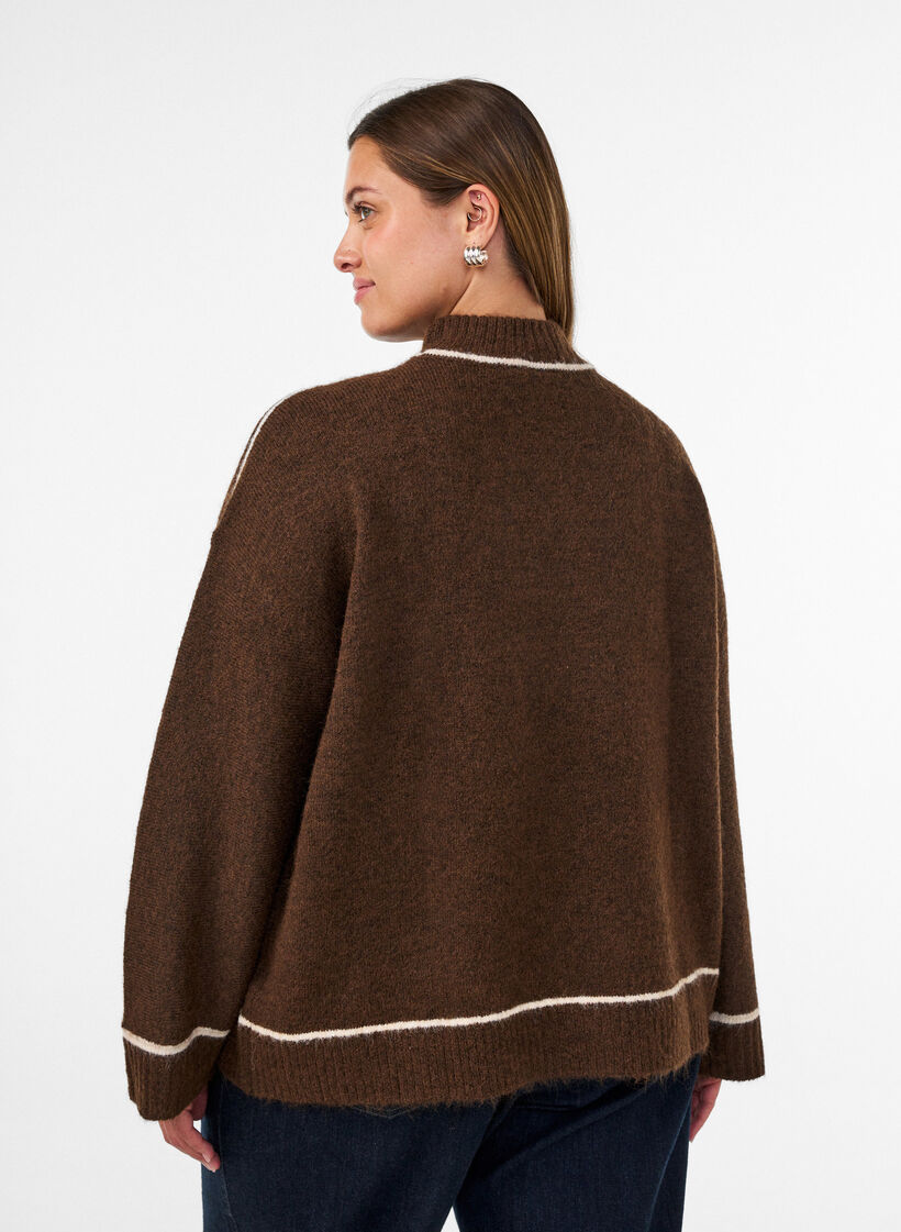 Knitted jumper with turtleneck and contrast stripes, Brown, Model image number 2
