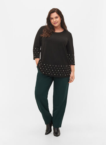 Blouse with pearls and 3/4 sleeves, Black, Model image number 1