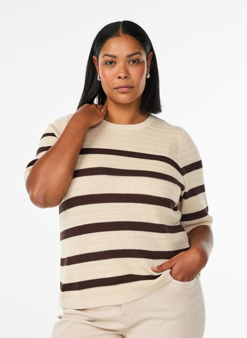 Knitted blouse with stripes and short sleeves, Vanilla, Model image number 0