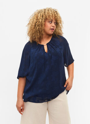 Short-sleeved blouse with structure, Navy Blazer, Model image number 0