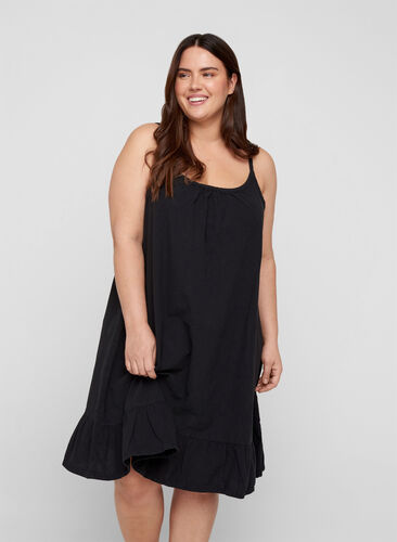 Cotton dress with thin straps and an A-line cut, Black, Model image number 0