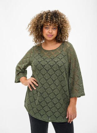 Crochet blouse with 3/4 sleeves, Thyme, Model image number 0