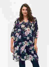 FLASH - Printed tunic with 3/4 sleeves, Navy Flower, Model