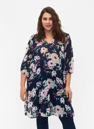 FLASH - Printed tunic with 3/4 sleeves, Navy Flower, Model image number 0