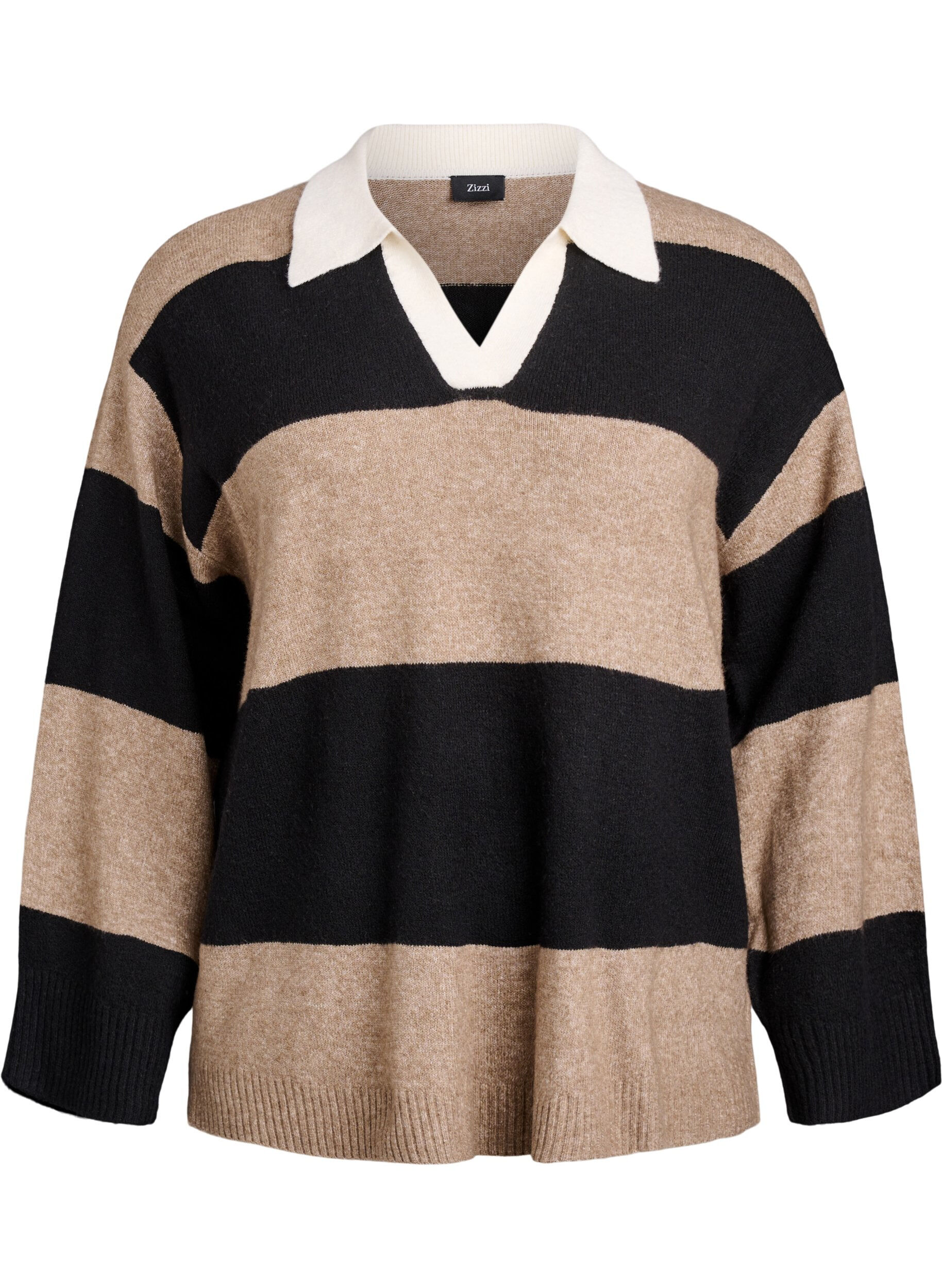 Zizzifashion Knit blouse with collar and V-neckline, Black, Packshot image number 0