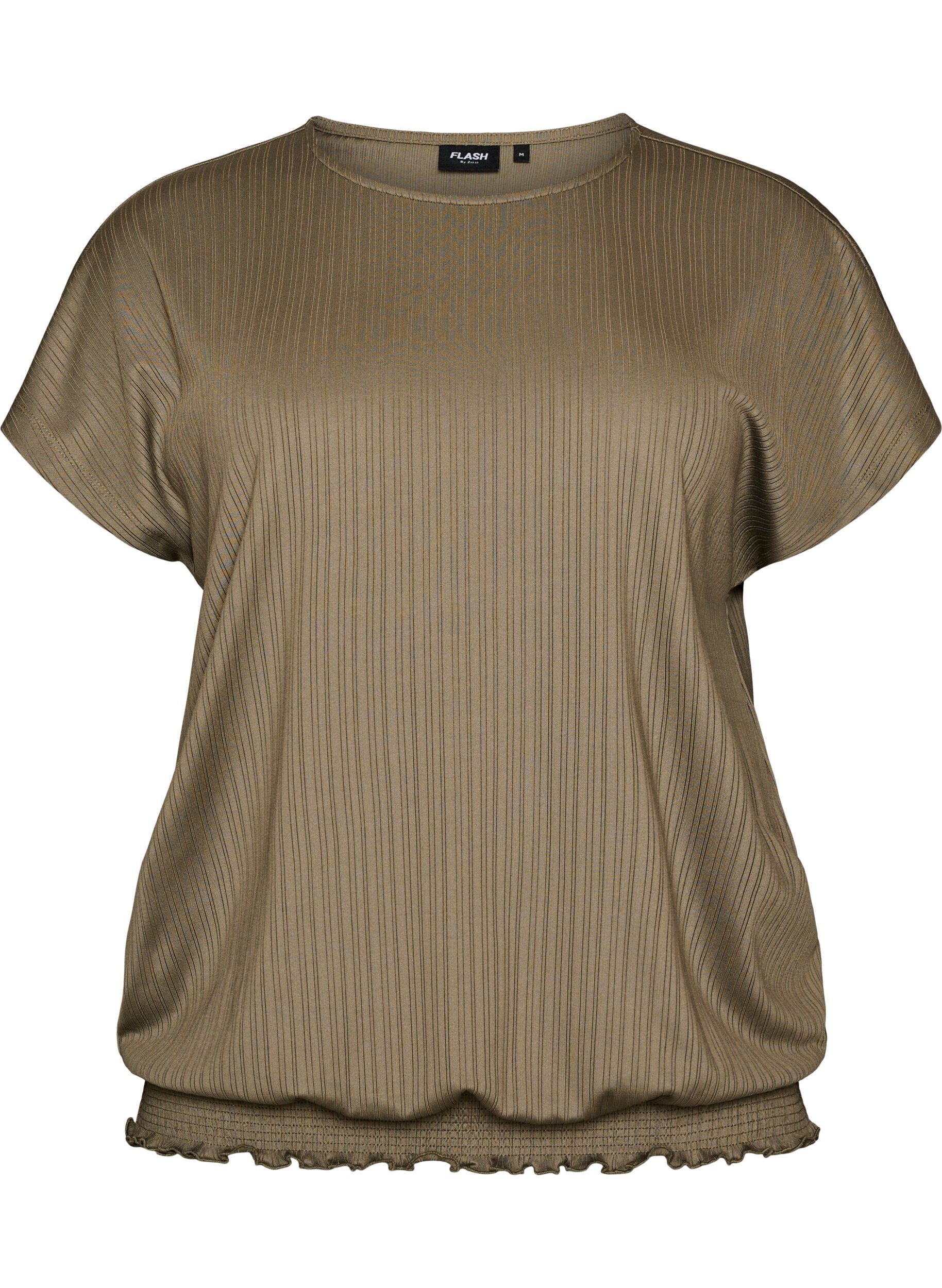 ZizzifashionJersey blouse with textured stripes and a smocked hem, Brown, Packshot image number 0