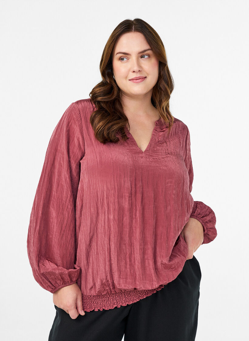 Blouse with V-neck and crinkled texture, Rose, Model image number 0