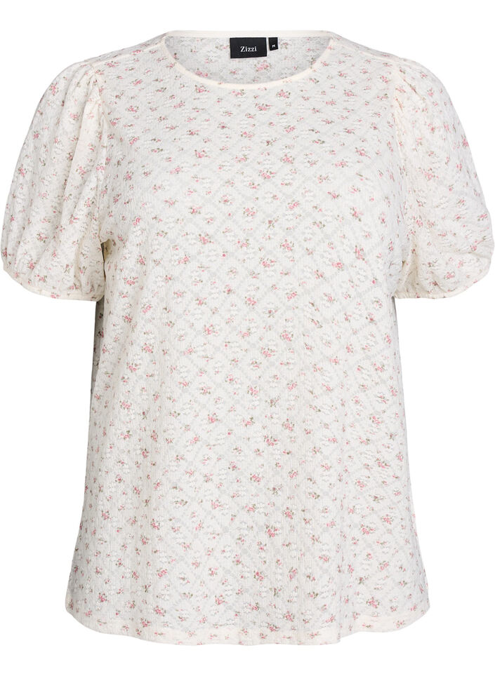 Short-sleeved jersey blouse with floral print, White, Packshot image number 0