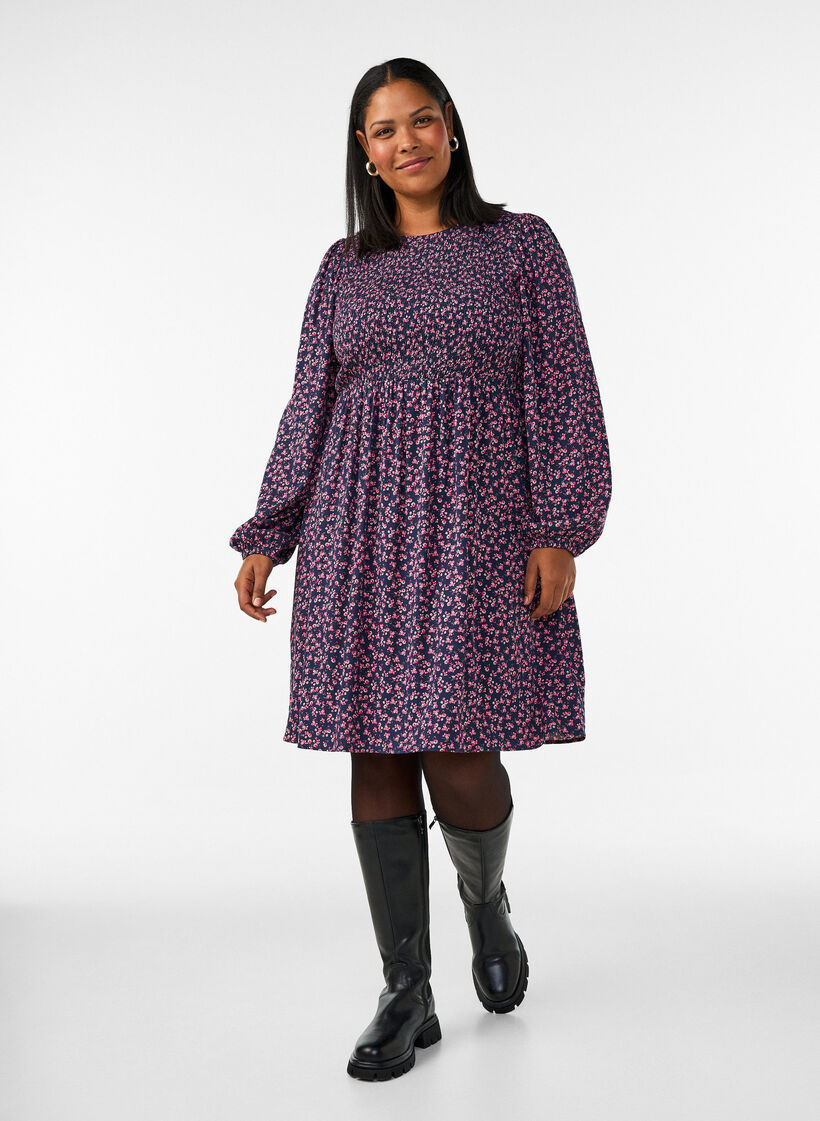 Dress with a smocked top and ditsy floral pattern, Blue, Model image number 1