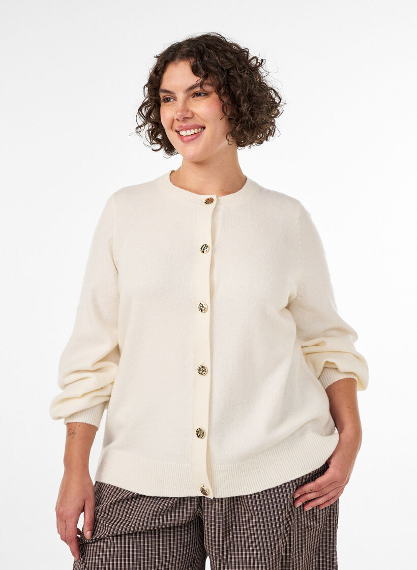 Cardigan in soft knit with gold-coloured buttons, Vanilla, Model image number 0
