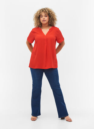 Short-sleeved blouse with v-neckline, Fiery Red, Model image number 2