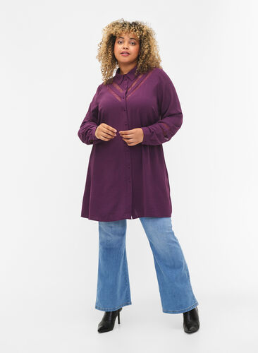 Long shirt with lace details, Deep Purple, Model image number 2