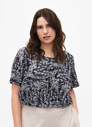 FLASH - Blouse with short sleeves and print, Off White Blue Leaf, Model image number 0