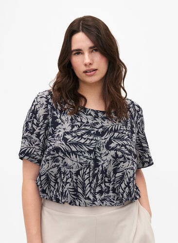 FLASH - Blouse with short sleeves and print, Off White Blue Leaf, Model image number 0
