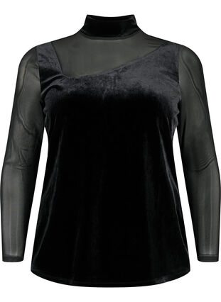 Velvet blouse with long mesh sleeves	, Black, Packshot image number 0