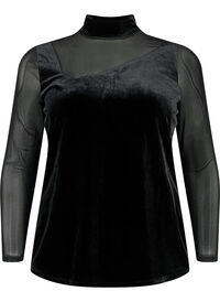 Velvet blouse with long mesh sleeves	
