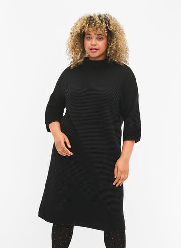 Knit dress with cropped sleeves, Black, Model image number 0