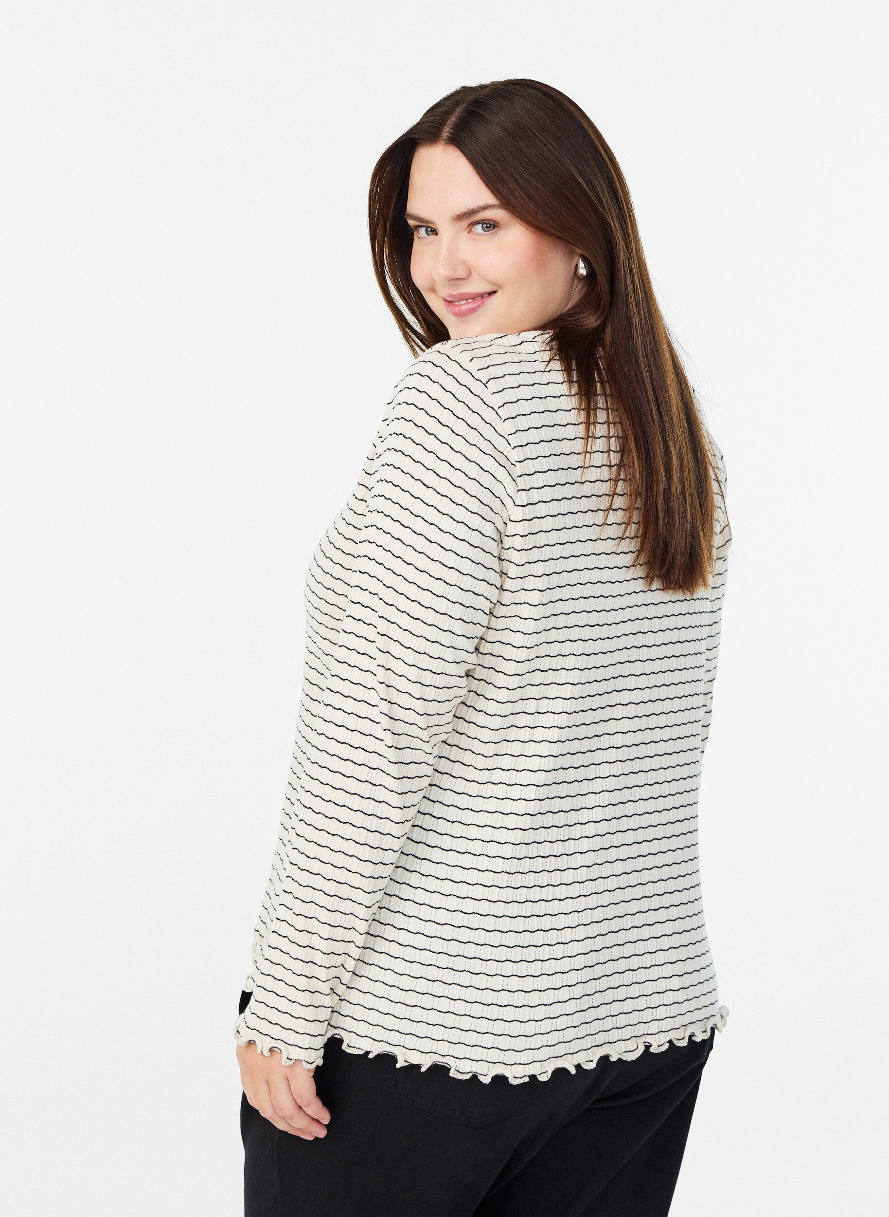 Zizzifashion Striped jersey blouse with wavy edges, White, Model image number 2
