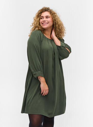 Viscose tunic with 3/4 sleeves, Thyme, Model image number 0