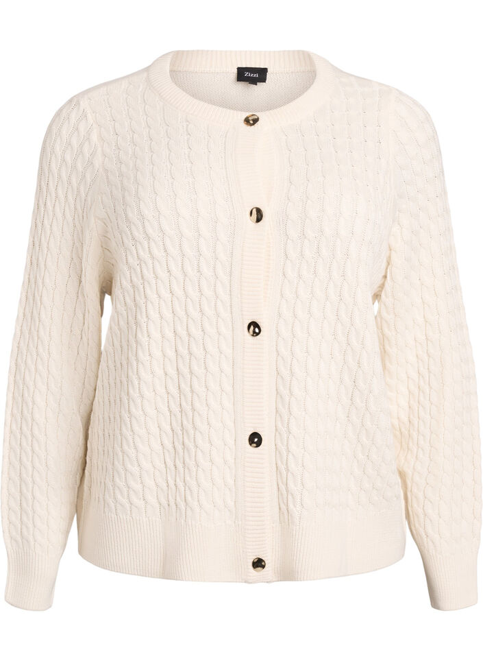 Cable knit cardigan with golden buttons, Vanilla, Packshot image number 0