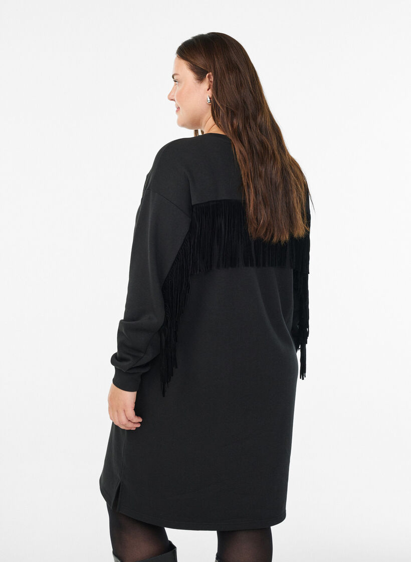 Knee-length sweat dress with fringes, Black, Model image number 2