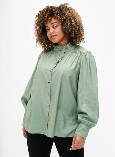 Viscose shirt blouse with ruffles, Green Bay, Model image number 0