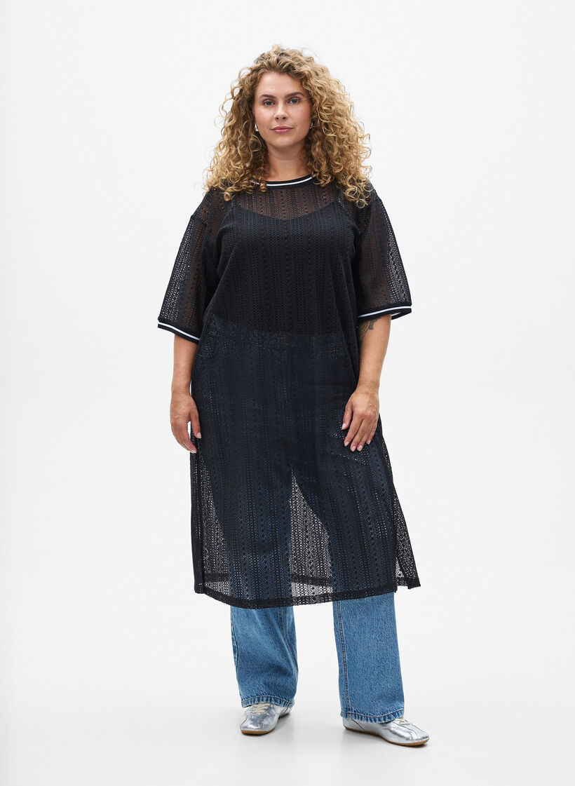 Midi dress with openwork pattern and short sleeves, Black, Model image number 0