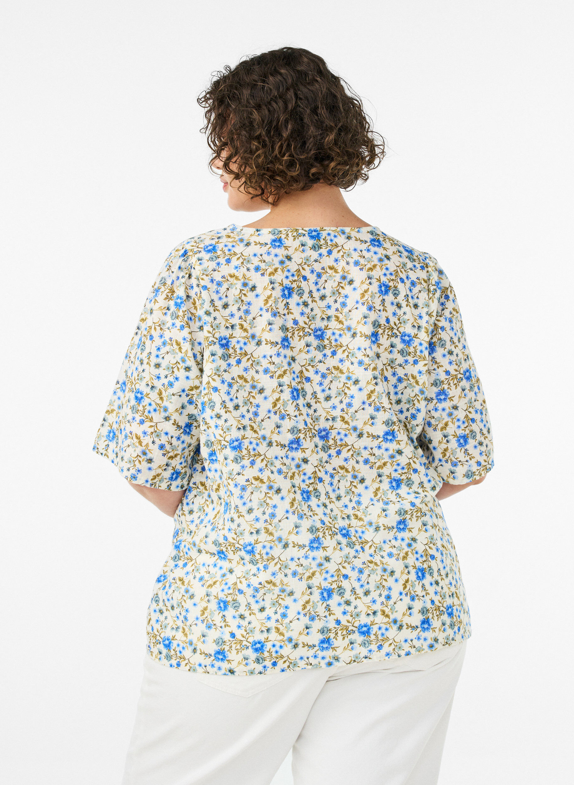 ZizzifashionShort-sleeved cotton shirt with a V-neck, Blue, Model image number 2