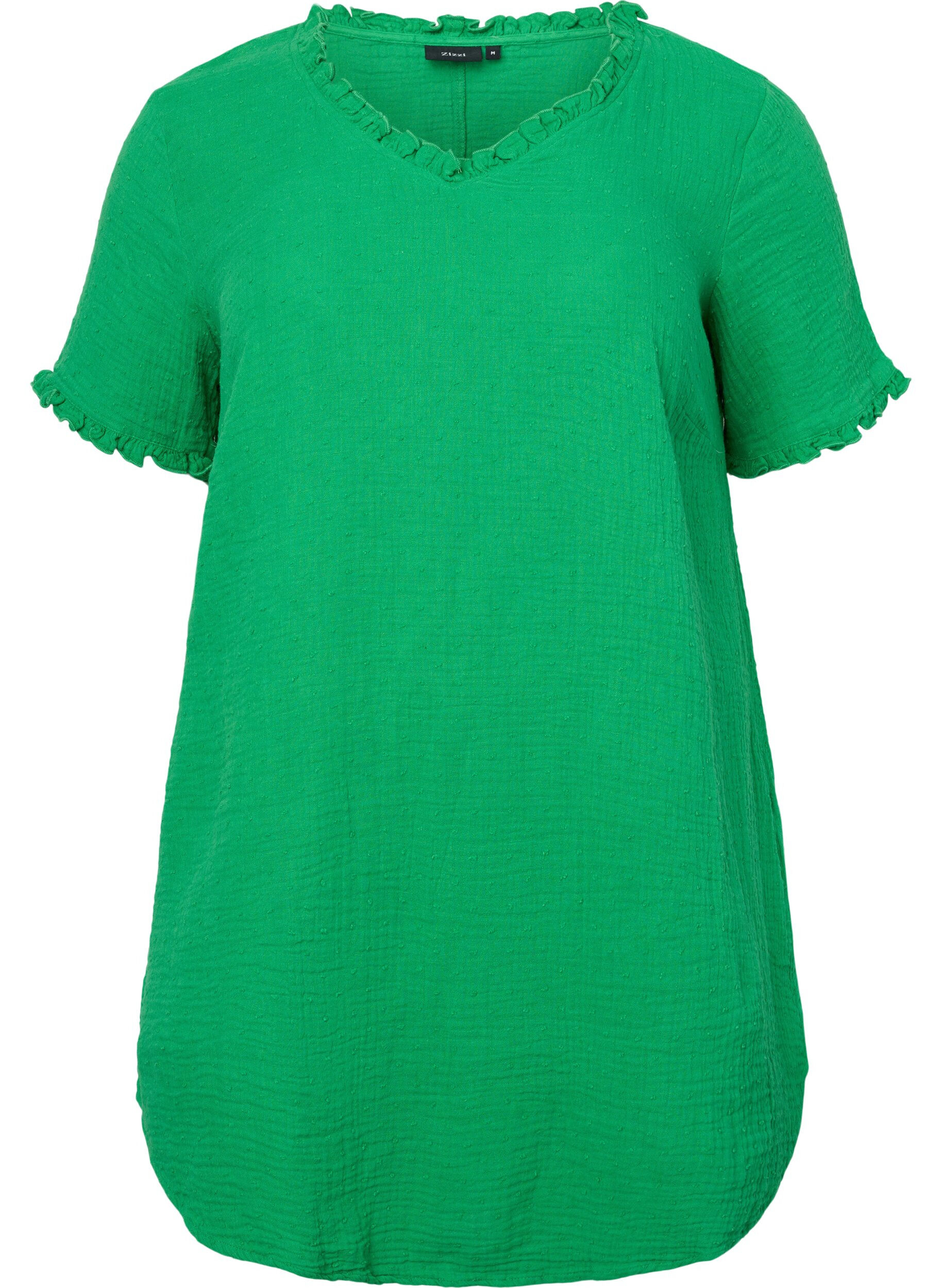 Zizzifashion Short-sleeved cotton tunic with ruffles, Bright Green, Packshot image number 0