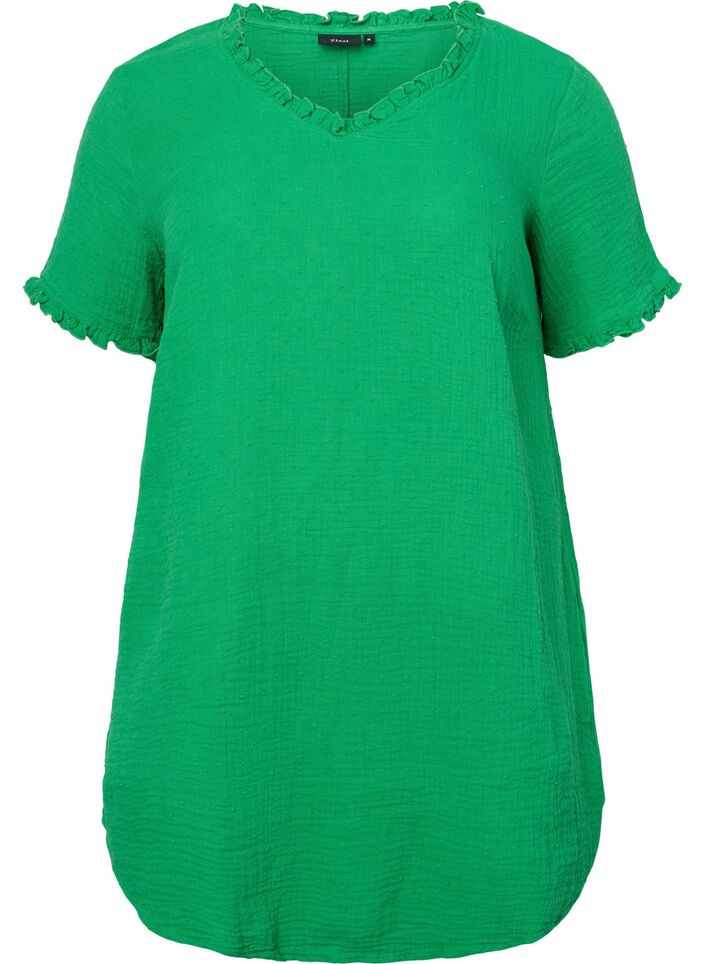 Short-sleeved cotton tunic with ruffles, Bright Green, Packshot image number 0