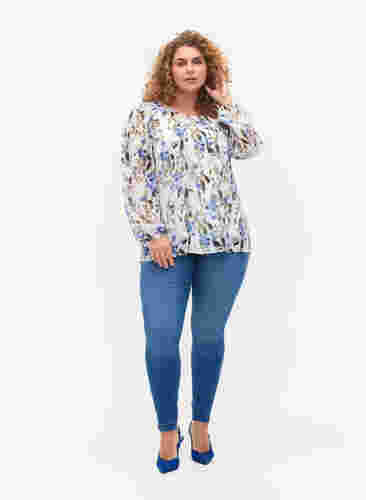Long-sleeved printed blouse, Blue Flower AOP, Model image number 1