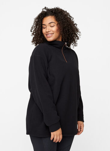 High neck fleece sweater with a zip, Black, Model image number 0