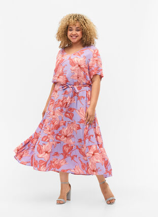 Short-sleeved viscose midi dress with floral print, Lavender Flower, Model image number 0