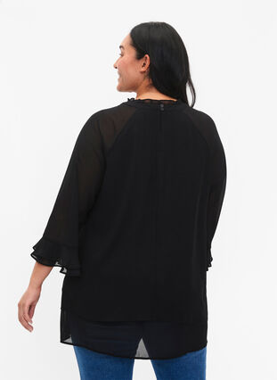 Blouse with asymmetric hem and 3/4 sleeves, Black, Model image number 1