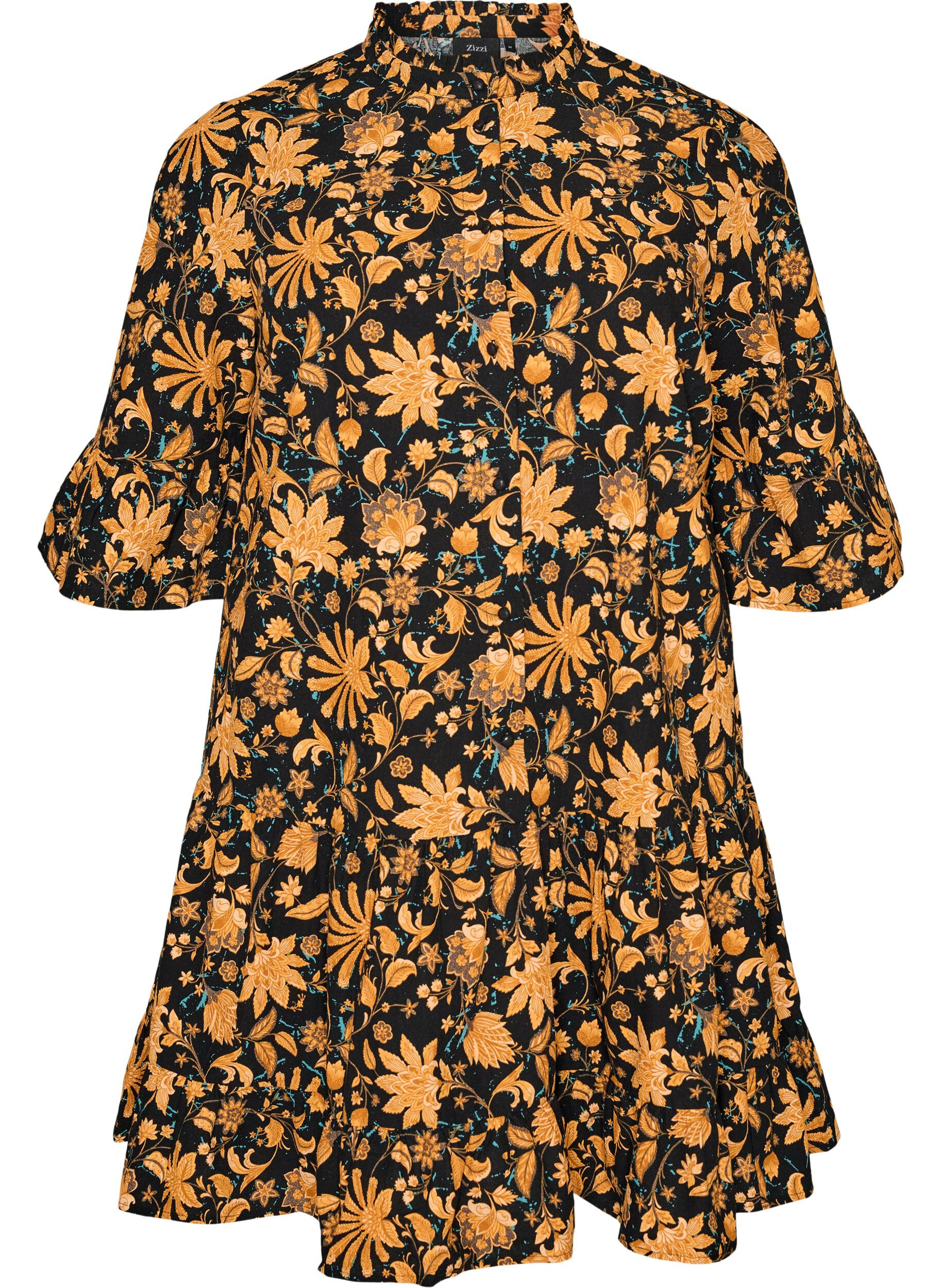 ZizzifashionFloral cotton dress with ruffle details and a loose A-line shape, Orange, Packshot image number 0