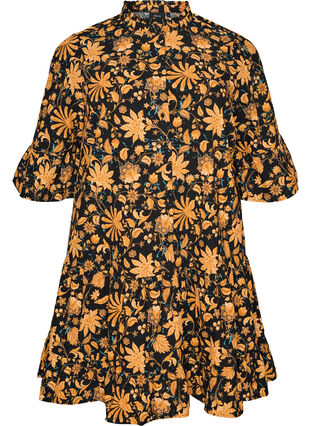 Floral cotton dress with ruffle details and a loose A-line shape - Orange - Sz. 40-64 - Zizzifashion Floral cotton dress with ruffle details and a loose A-line shape - Orange - Sz. 40-64 - Zizzifashion