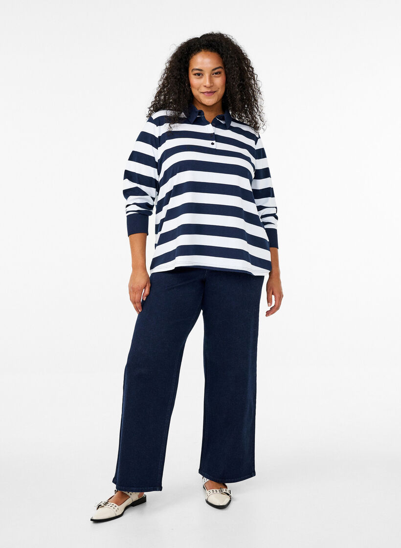 Long-sleeved polo shirt with stripes, Blue, Model image number 1
