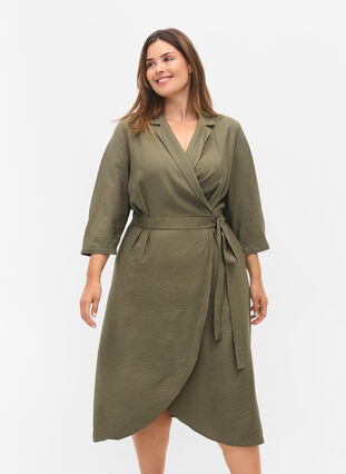 Viscose wrap dress with 3/4 sleeves, Dusty Olive, Model image number 0