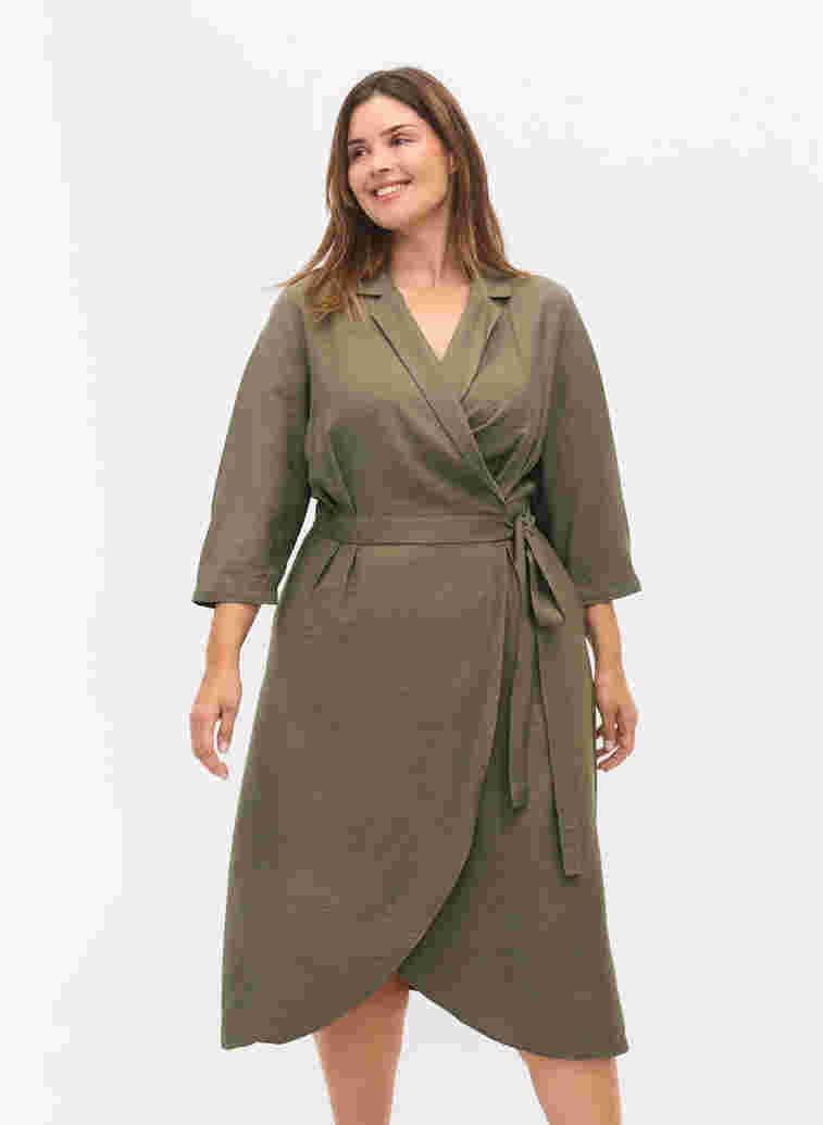 Viscose wrap dress with 3/4 sleeves, Dusty Olive, Model