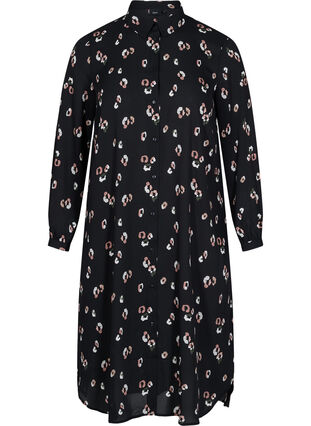 Printed shirt dress with slit, Black w. Flower, Packshot image number 0