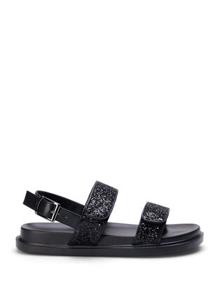Wide fit glitter sandal with Velcro closure, Black Glitter, Packshot image number 0
