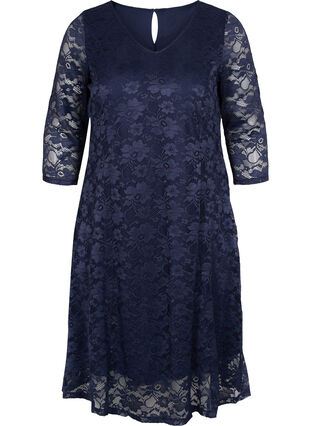 Lace dress with 3/4 sleeves - Blue - Sz. 40-64 - Zizzifashion Lace dress with 3/4 sleeves - Blue - Sz. 40-64 - Zizzifashion