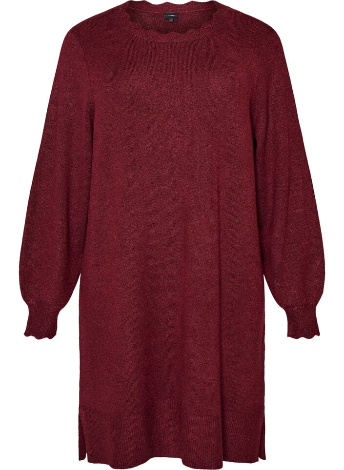 Short knitted dress with wavy hem and slits, Red, Packshot image number 0