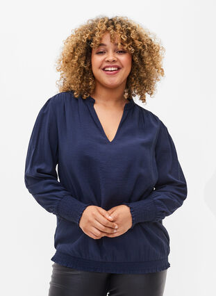 Viscose blouse with long sleeves and smock, Navy Blazer, Model image number 0