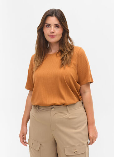 Short-sleeved t-shirt in ribbed fabric, Pecan Brown, Model image number 0
